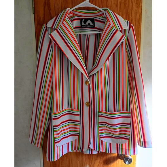 Vntg 1970s Jack Winter Mod Stripe Double Knit Blazer Gold Crest Buttons Women M - Picture 1 of 8